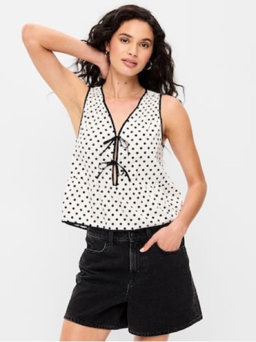 NWT Old Navy Polka Dot Tie-Front Peplum Top - White/Black